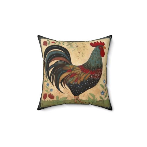 Rustic Folk Art Rooster Design Square Pillow – Cottagecore Country Farm Style Gift for Yourself or Loved Ones