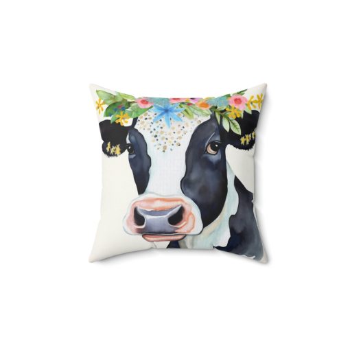 Folk Art Holstein Cow Portrait Design Square Pillow – Cottagecore Country Farm Style Gift for Yourself or Loved Ones