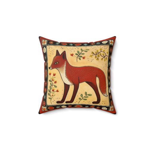 Folk Art Fox Design Square Pillow – Cottagecore Country Farm Style Gift for Yourself or Loved Ones