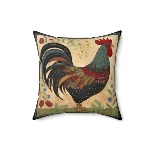 Rustic Folk Art Rooster Design Square Pillow – Cottagecore Country Farm Style Gift for Yourself or Loved Ones