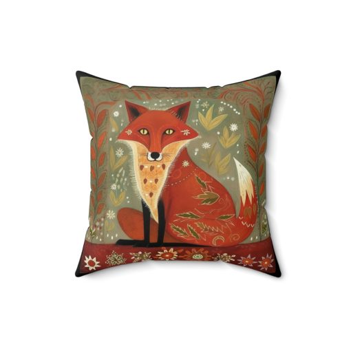 Folk Art Red Fox Design Square Pillow – Cottagecore Country Farm Style Gift for Yourself or Loved Ones