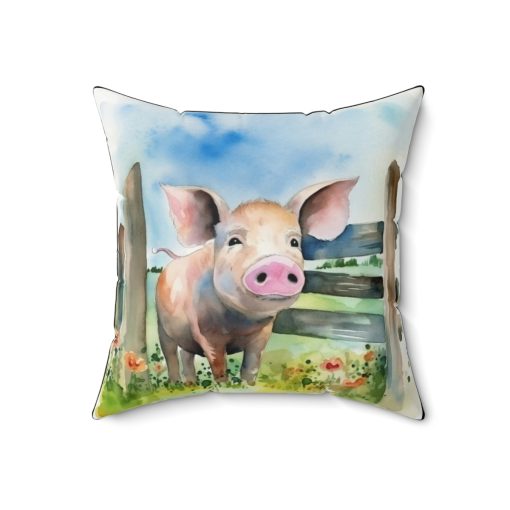 Folk Art Pig in the Barnyard Design Square Pillow – Cottagecore Country Farm Style Gift for Yourself or Loved Ones