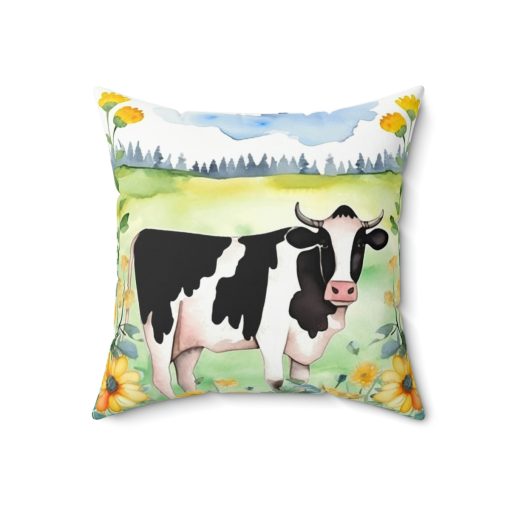 Folk Art Holstein Cow in Field Design Square Pillow – Cottagecore Country Farm Style Gift for Yourself or Loved Ones