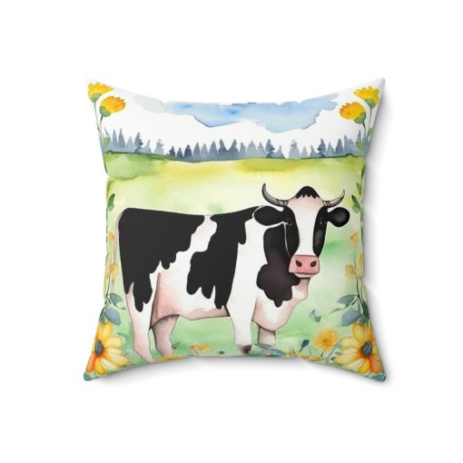 Folk Art Holstein Cow in Field Design Square Pillow – Cottagecore Country Farm Style Gift for Yourself or Loved Ones