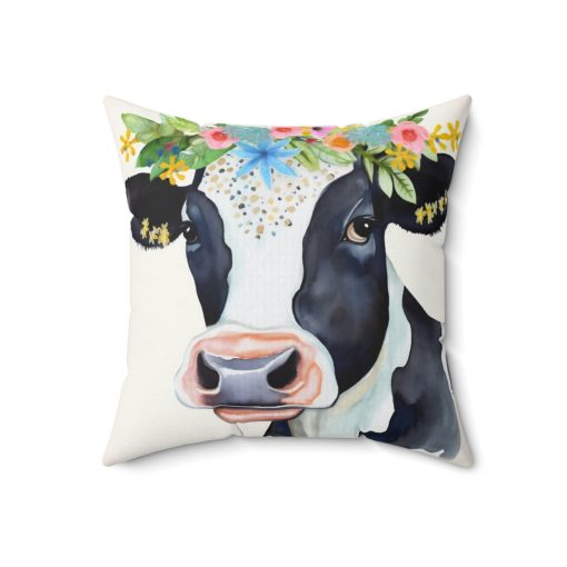 Folk Art Holstein Cow Portrait Design Square Pillow – Cottagecore Country Farm Style Gift for Yourself or Loved Ones