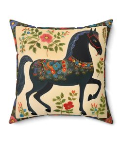 Rustic Folk Art Black Horse with Border Design Square Pillow – Cottagecore Country Farm Style Gift for Yourself or Loved Ones