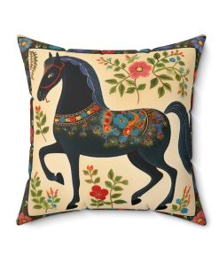 Rustic Folk Art Black Horse with Border Design Square Pillow – Cottagecore Country Farm Style Gift for Yourself or Loved Ones