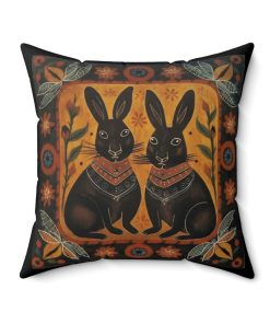 Rustic Folk Art Bunny Couple Design Square Pillow – Cottagecore Country Farm Style Gift for Yourself or Loved Ones