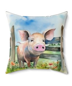 Folk Art Pig in the Barnyard Design Square Pillow – Cottagecore Country Farm Style Gift for Yourself or Loved Ones