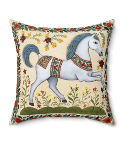 Rustic Folk Art Horse with Border Design Square Pillow – Cottagecore Country Farm Style Gift for Yourself or Loved Ones