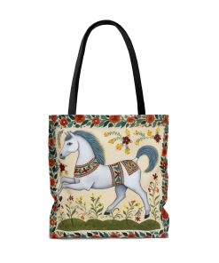 Folk Art White Horse Tote Bag – Cute Cottagecore Totebag Makes the Perfect Gift