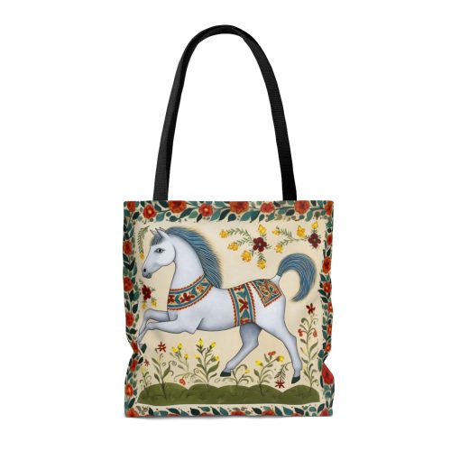 Folk Art White Horse Tote Bag – Cute Cottagecore Totebag Makes the Perfect Gift