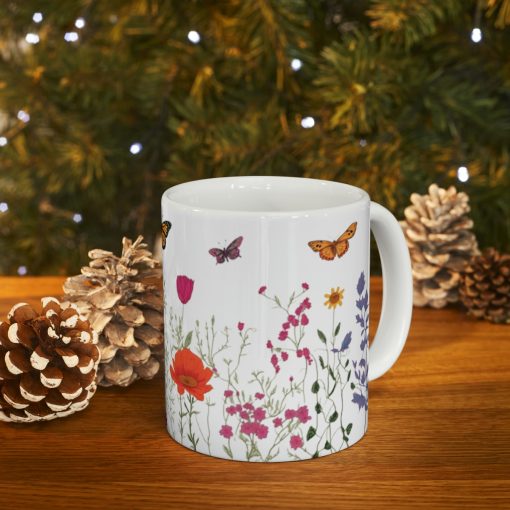 Hand Drawn Pressed Flowers Ceramic Coffee Mug | Boho Wildflowers Mug, Cottagecore Mug, Vintage Botanical Tea Cup, Nature Mug, Floral Mug,