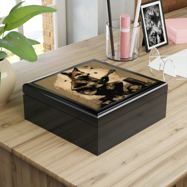 Fox Playing Guitar Wood Keepsake Jewelry Box with Ceramic Tile Cover
