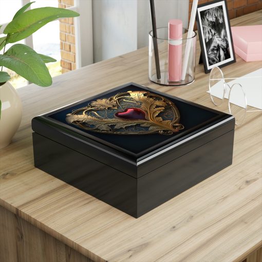 Gold Metalwork Heart Wood Keepsake Jewelry Box with Ceramic Tile Cover