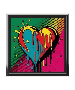 Pop Art Paint Dripping Heart Wood Keepsake Jewelry Box with Ceramic Tile Cover