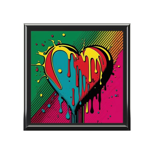 Pop Art Paint Dripping Heart Wood Keepsake Jewelry Box with Ceramic Tile Cover