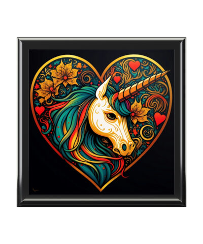Unicorn Heart Wood Keepsake Jewelry Box with Ceramic Tile Cover