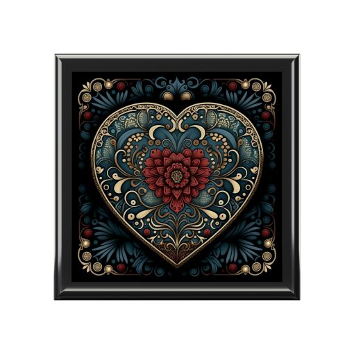 Mandala Heart Wood Keepsake Jewelry Box with Ceramic Tile Cover