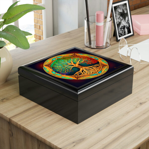 Tree of Life Wood Keepsake Jewelry Box with Ceramic Tile Cover