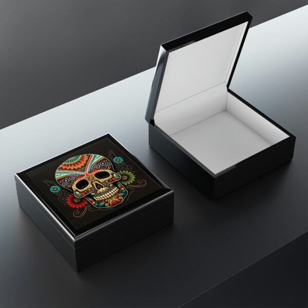 Day of the Dead Skull Wooden Keepsake Jewelry Box with Ceramic Tile Cover