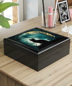 Black Cat Wooden Keepsake Jewelry Box with Ceramic Tile Cover
