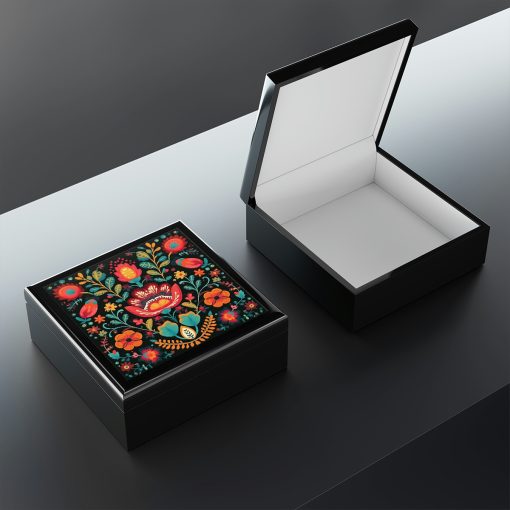 Rustic Folk Art Floral Design Wooden Keepsake Jewelry Box