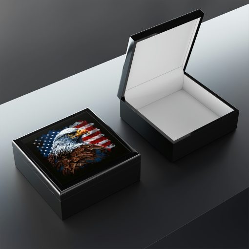 American Bald Eagle Flag Wood Keepsake Jewelry Box with Ceramic Tile Cover