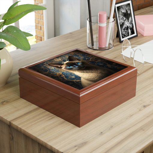Royal Siamese Cat Wood Keepsake Jewelry Box with Ceramic Tile Cover