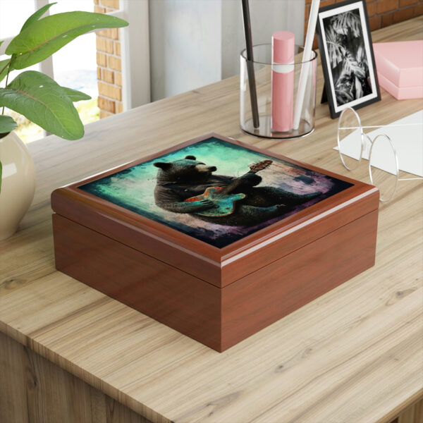 Bear Playing Guitar Wood Keepsake Jewelry Box with Ceramic Tile Cover