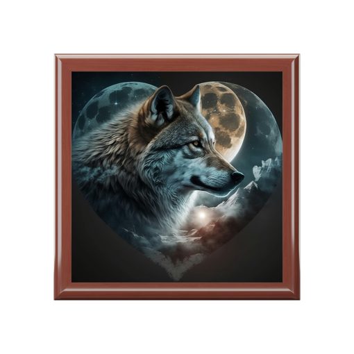 Wolf Moon Heart Wood Keepsake Jewelry Box with Ceramic Tile Cover