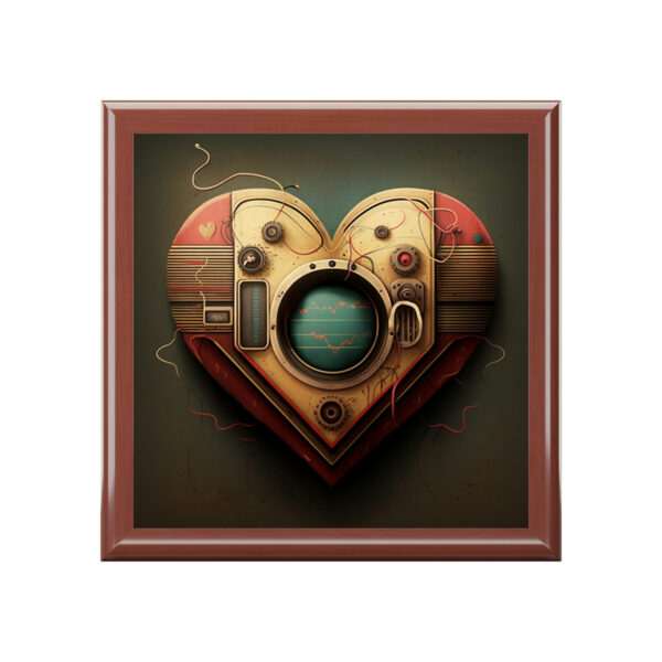 Steampunk Heart Wood Keepsake Jewelry Box with Ceramic Tile Cover