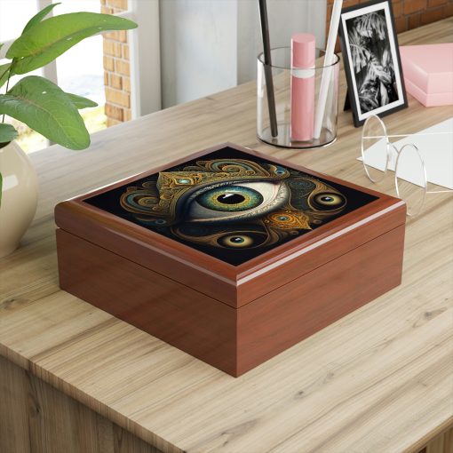 All-Seeing Third Eye Wood Keepsake Jewelry Box with Ceramic Tile Cover