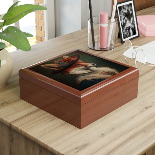 Lady Fox Wood Keepsake Jewelry Box with Ceramic Tile Cover