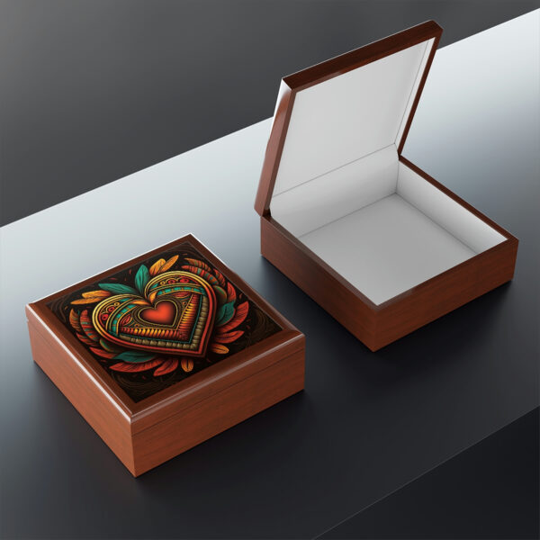 Mesoamerican Wood Keepsake Jewelry Box with Ceramic Tile Cover