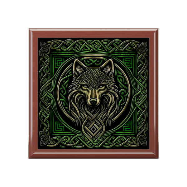 Celtic Knots Wolf Wooden Keepsake Jewelry Box with Ceramic Tile Cover