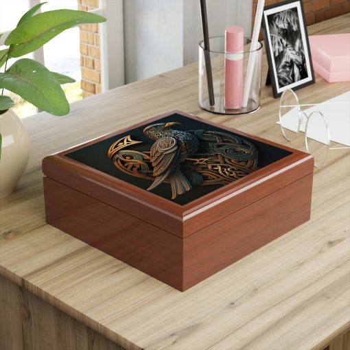 Celtic Knot Eagle Wooden Keepsake Jewelry Box with Ceramic Tile Cover