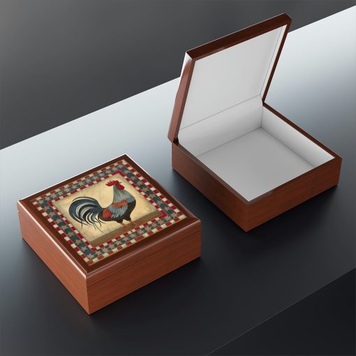 Rustic Folk Art Rooster Pattern Design Wooden Keepsake Jewelry Box