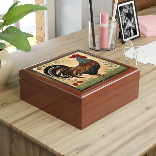 Rustic Folk Art Rooster Design Wooden Keepsake Jewelry Box