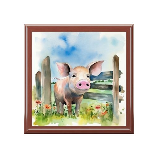 Rustic Folk Art Pig in Barnyard Portrait Design Wooden Keepsake Jewelry Box