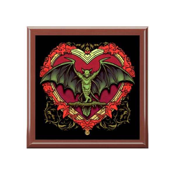 Red Gothic Bat Heart Design Wooden Keepsake Jewelry Box