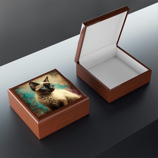 Grunge Siamese Cat Wood Keepsake Jewelry Box with Ceramic Tile Cover
