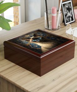 Royal Siamese Cat Wood Keepsake Jewelry Box with Ceramic Tile Cover