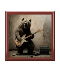 Grizzly Bear Playing Guitar Wood Keepsake Jewelry Box with Ceramic Tile Cover