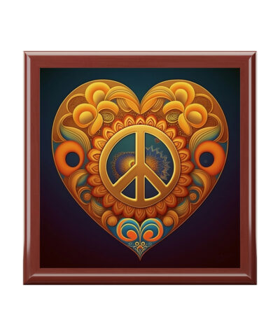Peace Sign Heart Wood Keepsake Jewelry Box with Ceramic Tile Cover