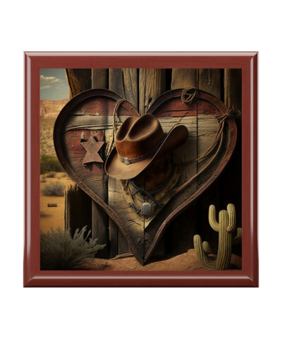 Cowboy Western Heart Wood Keepsake Jewelry Box with Ceramic Tile Cover