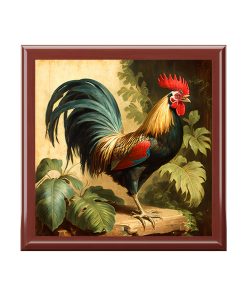 Vintage Antique Rooster Wood Keepsake Jewelry Box with Ceramic Tile Cover