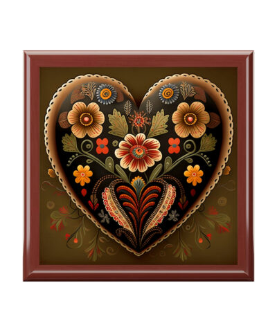 Folk Art Heart Wood Keepsake Jewelry Box with Ceramic Tile Cover