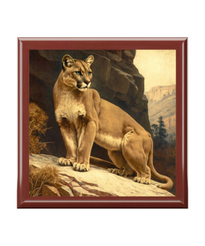 Vintage Antique Mountain Lion Puma Wood Keepsake Jewelry Box with Ceramic Tile Cover