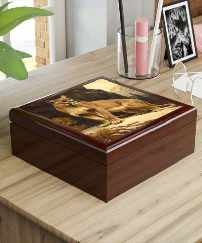 72882 187 400x480 - Vintage Antique Mountain Lion Puma Wood Keepsake Jewelry Box with Ceramic Tile Cover
